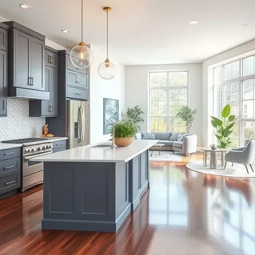 A contemporary Dallas kitchen remodel features gray cabinetry, white quartz island, pendant lights, and geometric tile.