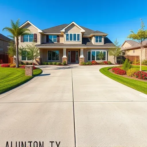 Freshly poured concrete driveway in Arlington TX with smooth lines, textured surface, landscaped gardens, and modern home.