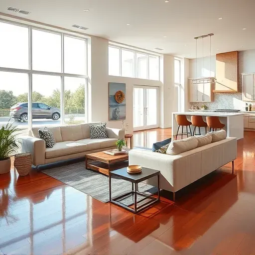 Remodeled Fort Worth living room with neutral sofa, modern decor, new hardwood floors, and a bright open kitchen.