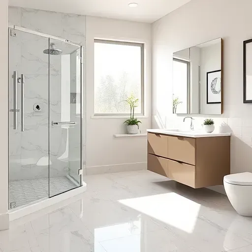 Remodeled Richardson, TX bathroom with modern fixtures, walk-in shower, marble tiles, double vanity, and elegant design.
