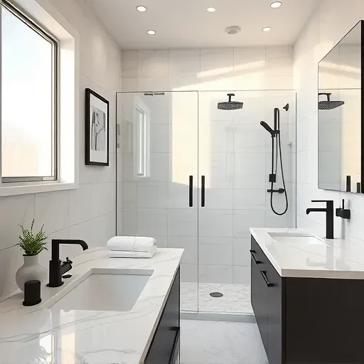 Renovated Bedford, TX bathroom with marble countertops, matte black fixtures, walk-in shower, and modern decor.