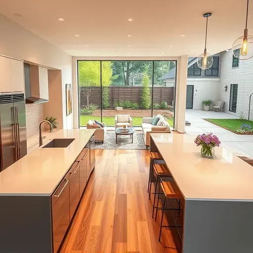 Beautiful remodeled Richardson, TX living room with modern design, hardwood floors, stylish furniture, and a sleek kitchen.