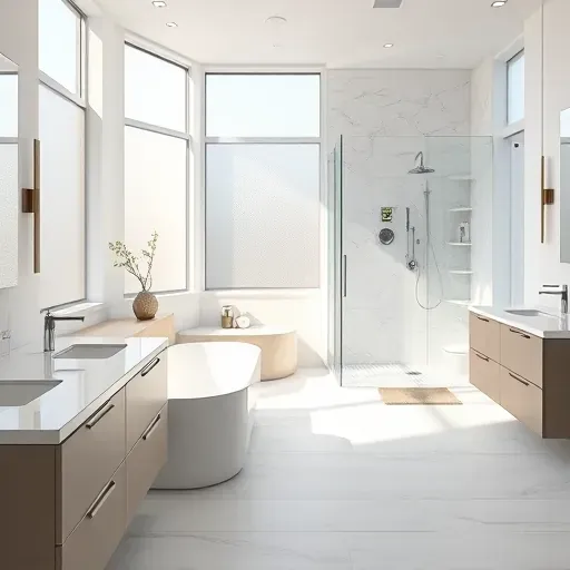 Renovated Haltom City bathroom with marble counters, soaking tub, walk-in shower, natural light, and modern design elements.
