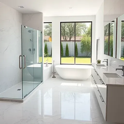 Remodeled Allen, TX bathroom with marble floors, walk-in glass shower, soaking tub, sleek vanities, and outdoor view.