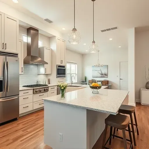 Modern renovated Arlington Texas kitchen with sleek cabinets stainless steel appliances granite island pendant lights natural sunlight open-plan living