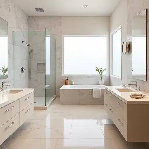 Remodeled Flower Mound TX bathroom with walk-in shower, marble countertops, soaking tub, natural light, modern fixtures, and elegant decor