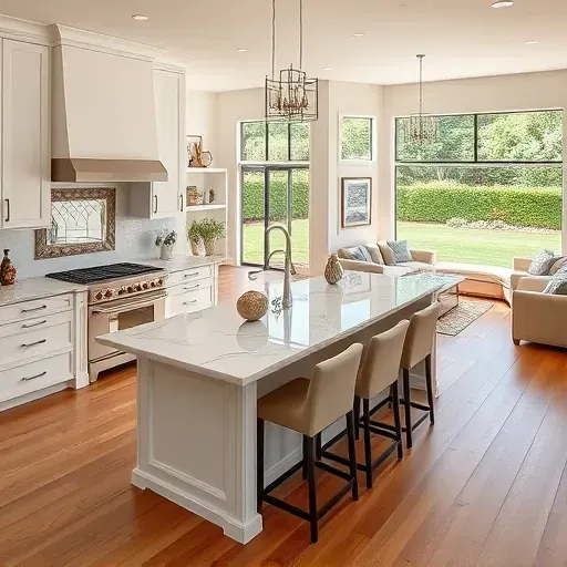 Modern remodeled kitchen and living area in Flower Mound TX featuring sleek appliances, granite island, and cozy decor.