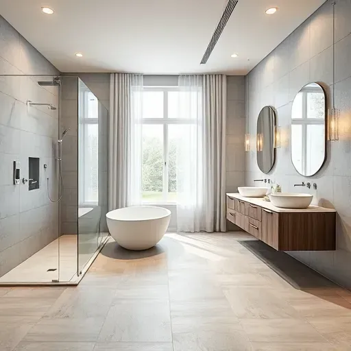 Beautifully remodeled modern bathroom in Prosper Texas with a glass shower, soaking tub, double vanity, large windows, and elegant decor