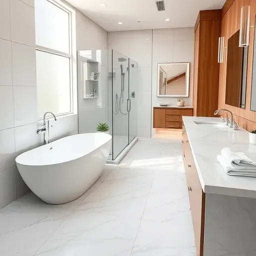 Renovated Westlake, TX bathroom with modern fixtures, marble countertops, walk-in shower, soaking tub, and natural light.