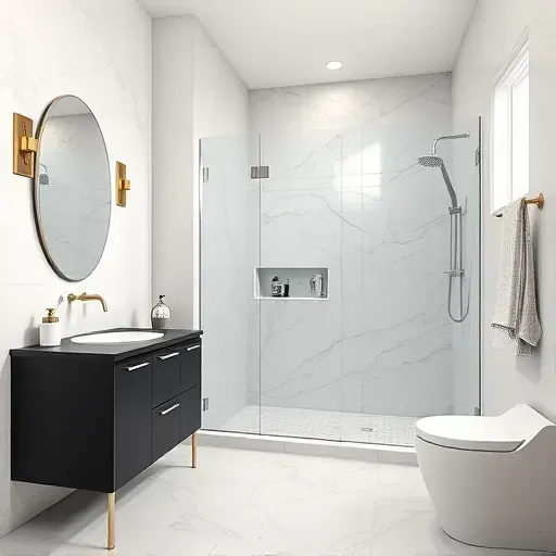 Remodeled Colleyville, TX bathroom featuring a walk-in shower, marble tiles, matte black vanity, and brushed nickel fixtures.