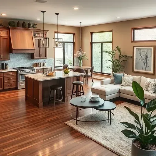 Home remodeling in Coppell TX showcasing open-concept living with modern kitchen and cozy living area design.