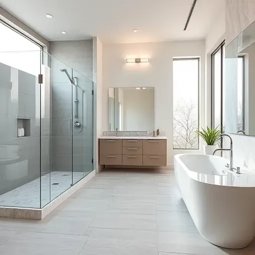 Bright modern Keller TX bathroom with large frosted windows, walk-in shower, soaking tub, double sink vanity, and elegant decor