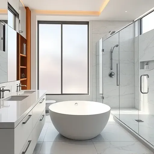 Modern remodeled Arlington TX bathroom with freestanding tub, marble counters, sleek shower, and elegant design details