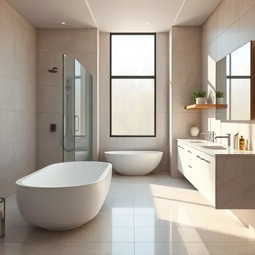 Newly remodeled Arlington bathroom features luxurious shower, freestanding tub, double vanity, elegant finishes, and natural light.