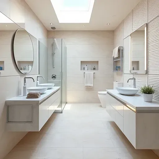 Remodeled Prosper, TX bathroom with marble countertops, vessel sinks, glass shower, modern fixtures, and elegant decor.