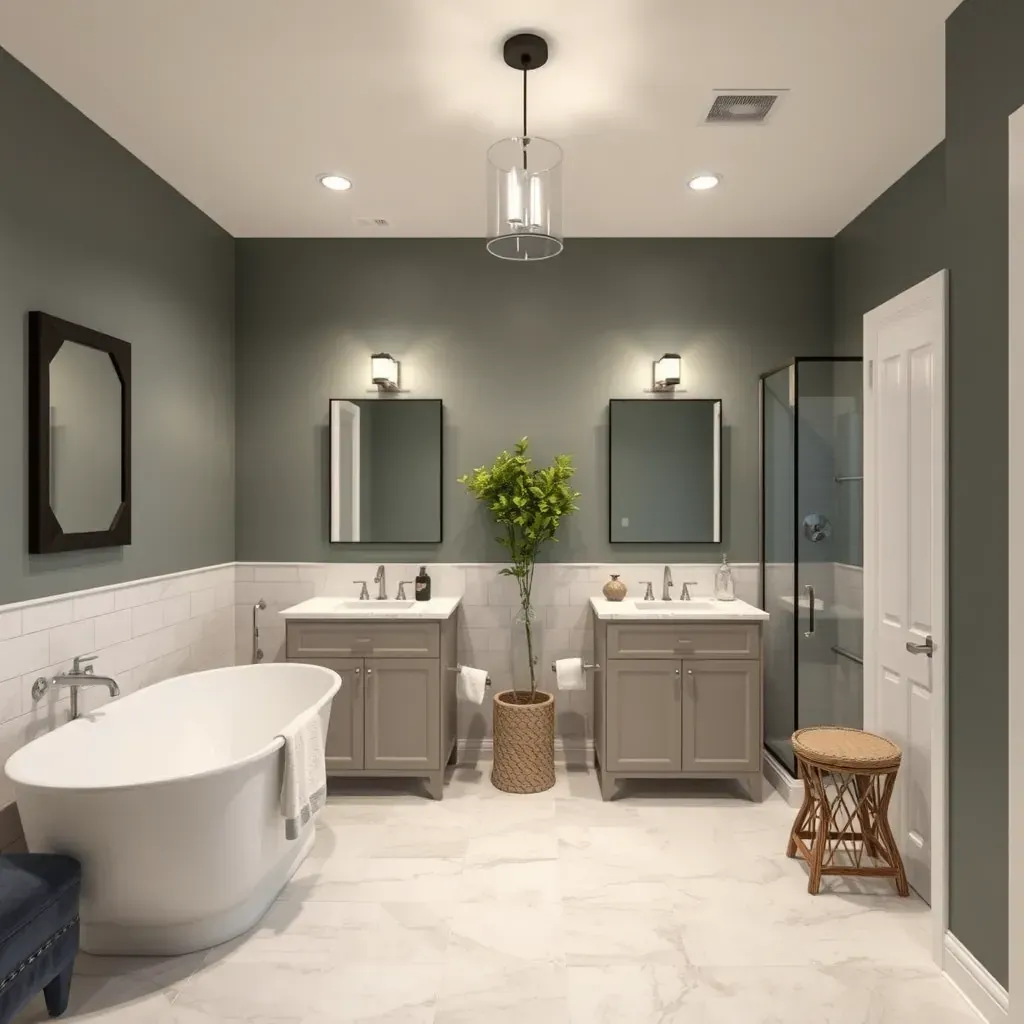 Renovated bathroom in Haslet, TX featuring gray subway tiles, a glass shower, freestanding tub, quartz vanity, and modern fixtures.