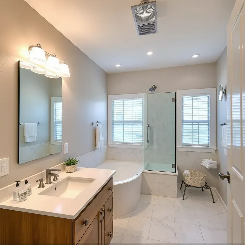 Modern Richardson, TX bathroom with large windows, freestanding tub, walk-in shower, double vanity, and neutral tones.