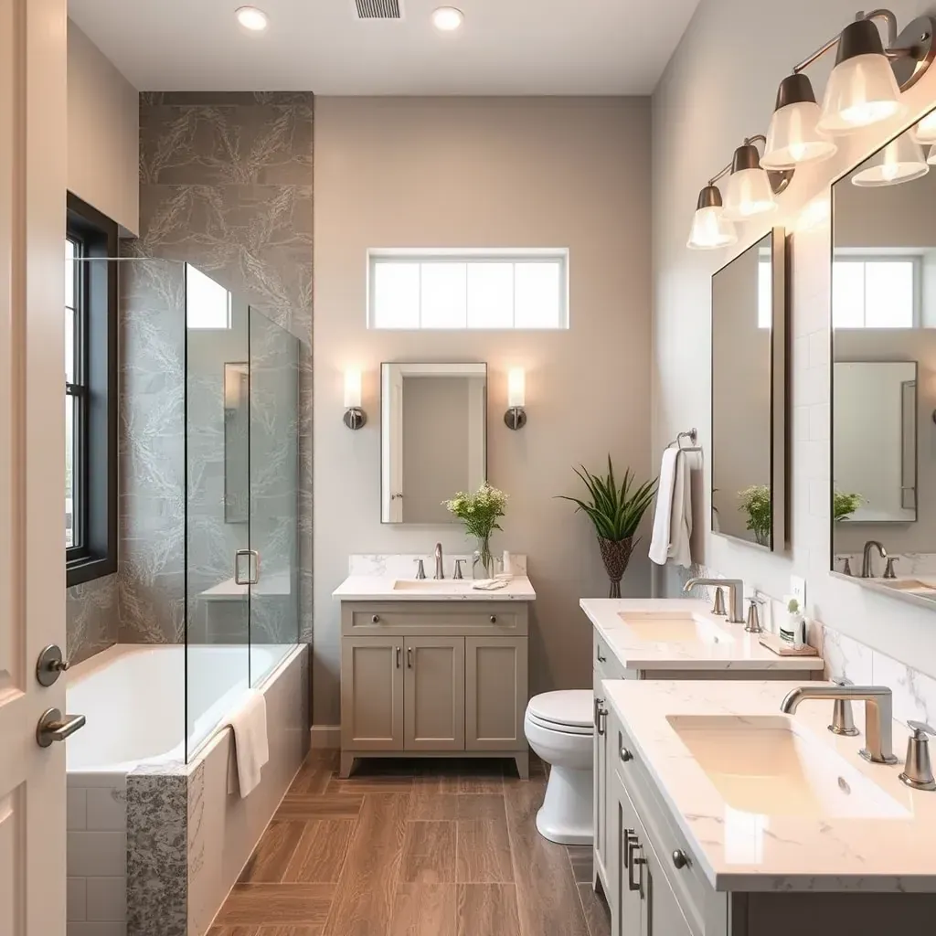 Modern Dallas bathroom with sleek fixtures, walk-in glass shower, stone vanity, stylish cabinetry, and natural skyline view.