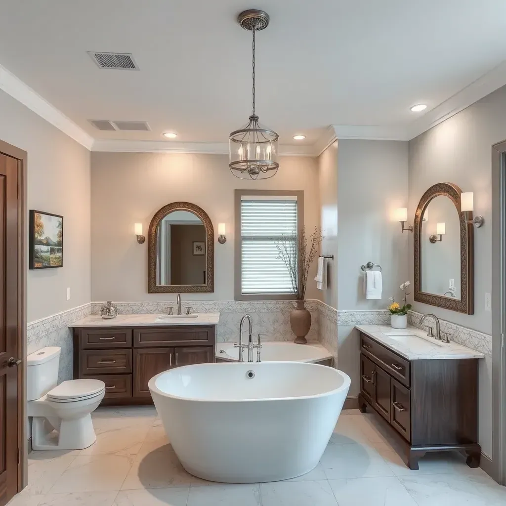 Modern Coppell bathroom with walk-in shower, freestanding tub, double vanity, quartz surfaces, neutral tiles, and stylish fixtures.