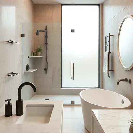 Renovated Grapevine Texas bathroom with matte black fixtures, walk-in shower, freestanding tub, natural light, and modern decor