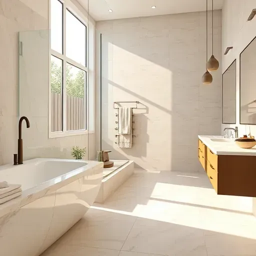 Completed bathroom remodel in Coppell TX featuring modern fixtures, freestanding tub, and natural light. Soft marble tones.
