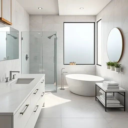 Beautifully renovated Flower Mound bathroom featuring marble countertops, walk-in glass shower, soaking tub, and modern decor.