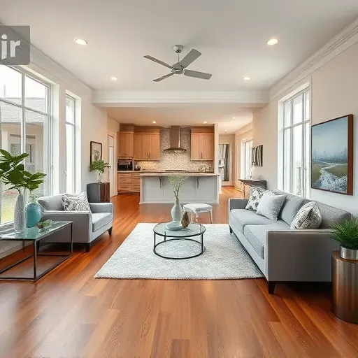 Remodeled living room in Euless, TX with modern furniture, hardwood floors, large windows, stylish decor, and a sleek kitchen.