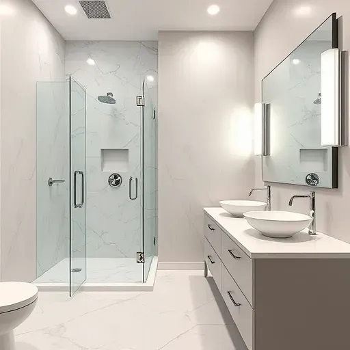 Modern bathroom in Haltom City with walk-in shower, marble tiles, quartz countertops, and sleek fixtures.