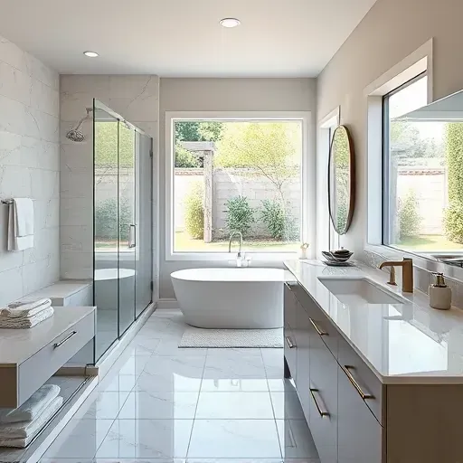 Renovated McKinney, TX bathroom with modern fixtures, walk-in shower, freestanding tub, double vanity, and lush garden view.