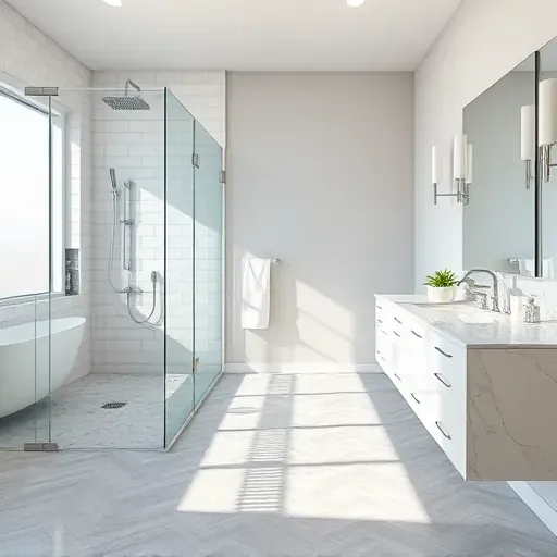 Bright renovated bathroom in Allen TX with glass shower, marble tub, modern vanity, and natural light highlighting sleek design