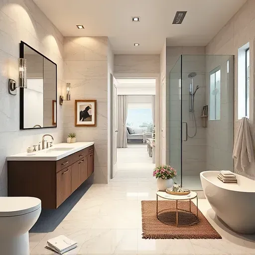 Remodeled Dallas bathroom with modern fixtures, walk-in shower, sleek vanity, natural stone accents, and elegant tile design.