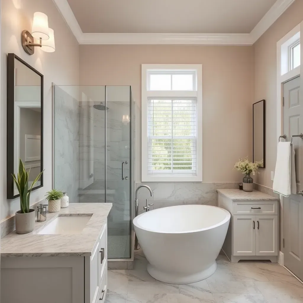 Beautiful Colleyville, TX bathroom remodel featuring a glass shower, soaking tub, double vanity, modern fixtures, and elegant design.