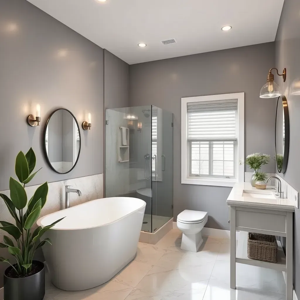 Modern Mansfield, TX bathroom with double vanity, marble tiles, walk-in shower, LED mirror, and elegant design details.