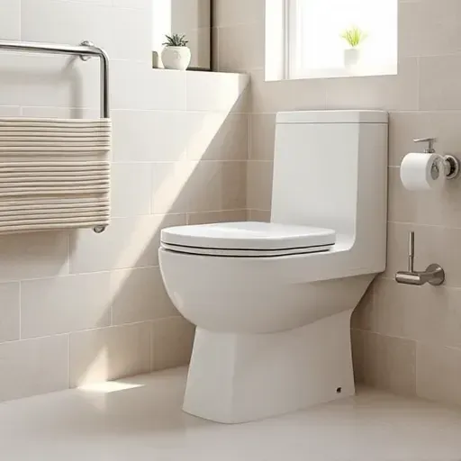 Newly installed sleek modern toilet in bright, clean bathroom with neutral tiles, chrome fixtures, and natural sunlight.