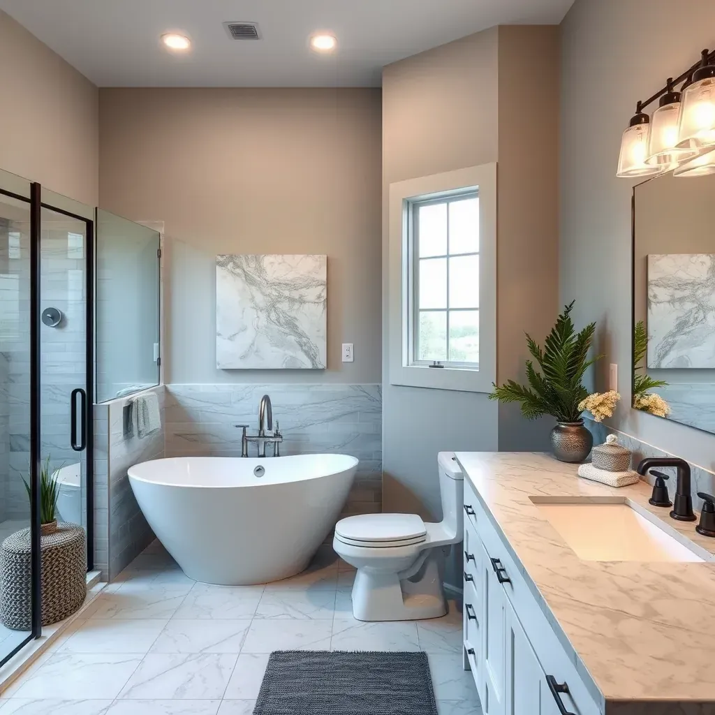 Modern bathroom in The Colony, TX featuring sleek fixtures, walk-in shower, soaking tub, marble vanity, and warm neutral tones.