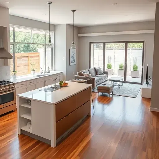 Home remodeling in Watauga TX featuring an elegant open-concept kitchen, stylish living area, and serene patio.