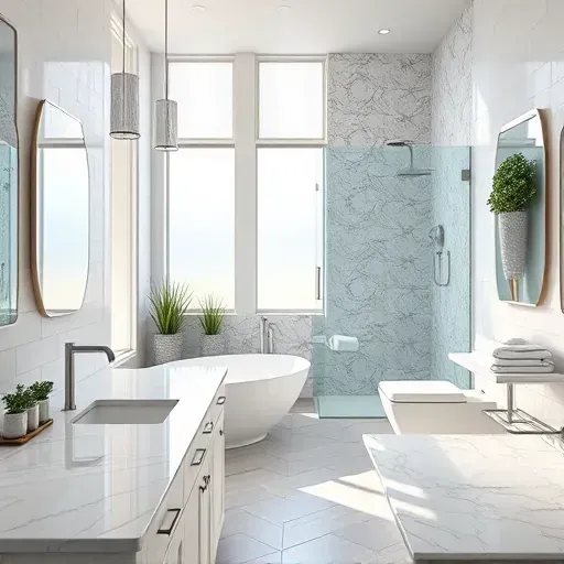 Newly remodeled Arlington TX bathroom with sleek fixtures, spacious walk-in shower, freestanding tub, and marble countertops.