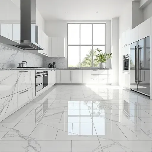 Pristine marble backsplash and glossy ceramic floor tiles in a sleek modern kitchen with natural light and sophisticated details
