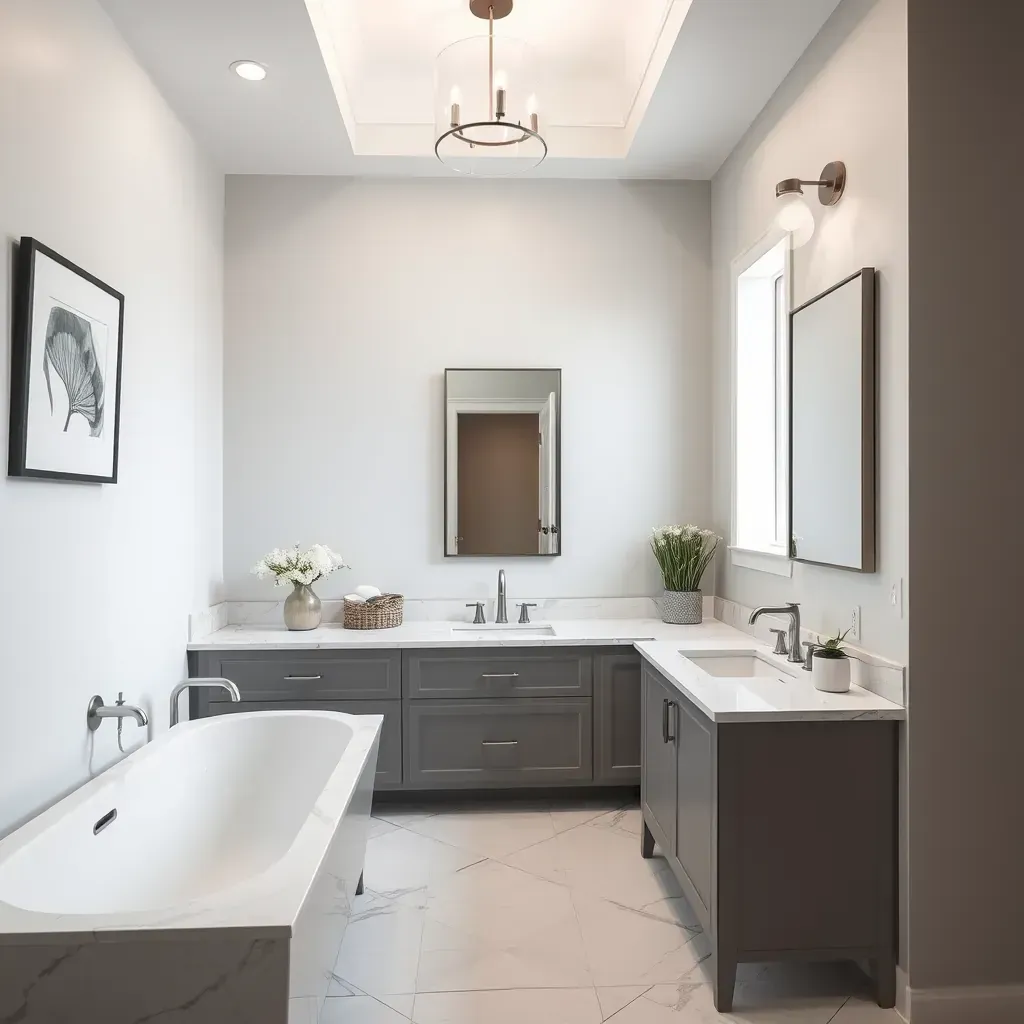Modern Dallas bathroom with large windows, glass shower, freestanding tub, double vanity, and upscale finishes.