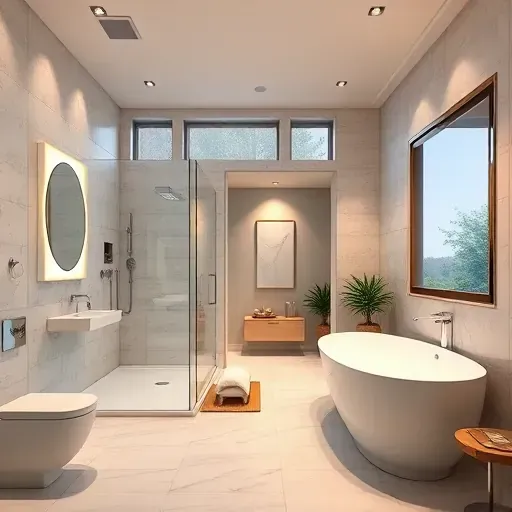 Remodeled Colleyville bathroom with modern fixtures, glass shower, freestanding tub, marble flooring, and elegant lighting.