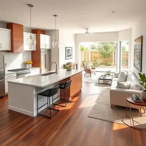 Completed home remodeling in Prosper, TX featuring a modern kitchen, living area, polished hardwood floors, and natural light.