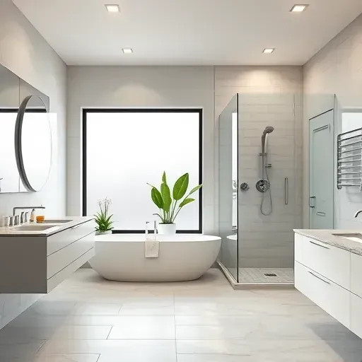 Remodeled Irving, TX bathroom with modern fixtures, marble countertops, walk-in shower, bathtub, and natural light.