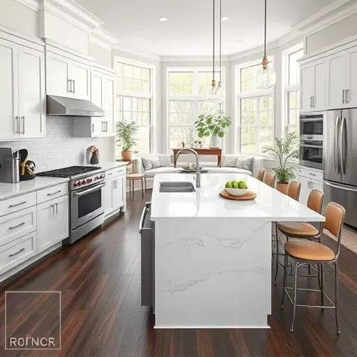 Modern kitchen remodel in Roanoke, TX features sleek white cabinetry, large marble island, and stainless steel appliances.