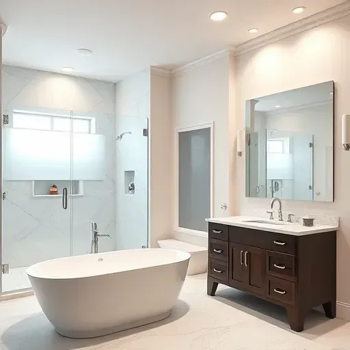 Spacious modern bathroom in Arlington TX featuring a walk-in shower, freestanding tub, and elegant marble finishes.