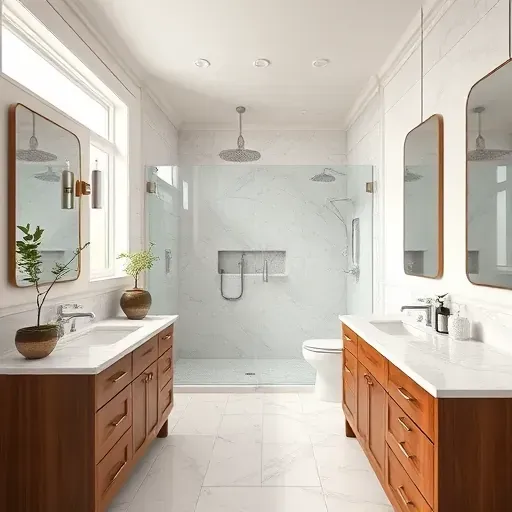 Renovated Little Elm, TX bathroom with modern fixtures, glass shower, marble countertops, wood cabinetry, and natural light.