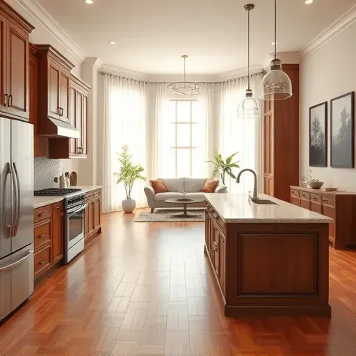 Modern kitchen in Little Elm TX with stainless steel appliances, elegant cabinetry, granite island, and cozy living room.