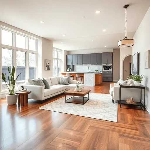 Beautiful renovated living room in Hurst, TX with modern design, hardwood floors, large windows, and sleek kitchen.