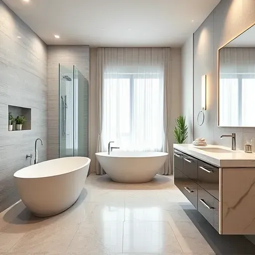 Modern bathroom in Coppell, TX with soaking tub, walk-in shower, marble vanity, and sleek fixtures.