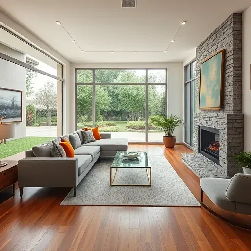 Modern Trophy Club TX living room remodel featuring sleek furniture, large windows, elegant flooring, and a chic fireplace.