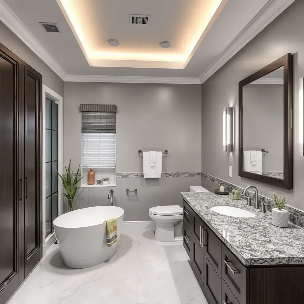 Beautiful modern bathroom remodel in Plano, TX featuring a glass shower, soaking tub, sleek vanity, and elegant fixtures.